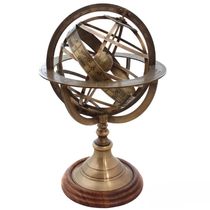 ANTIQUE AURA Engraved Brass Tabletop Armillary Nautical Sphere Globe.