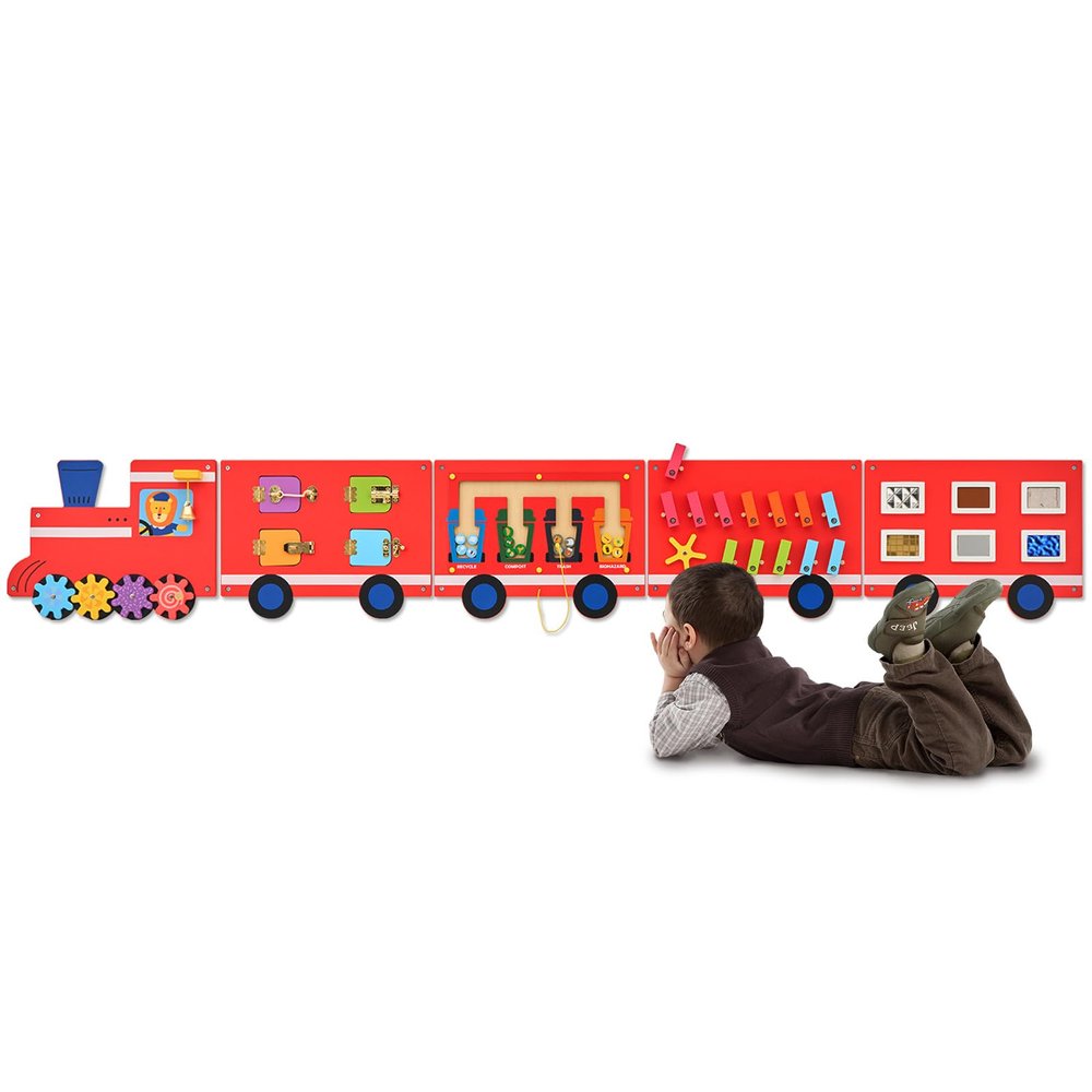 Monlurd Wooden Train Activity Wall Panel for Kids, Sensory Wall Toy, Activity Cube, Wall Toys for Toddlers 1-3, Playroom Toys, Daycare Furniture, Montessori Busy Board