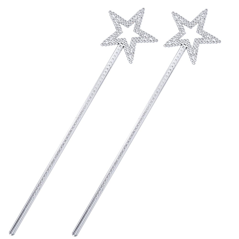 Nydotd 2pcs Star Wands, 13 Inch Fairy Princess Angel Wand Sticks Magic Elf Baton for Birthday Party, Wedding, Christmas, Cosplay & Masquerade Dress Up Shows (Silver)