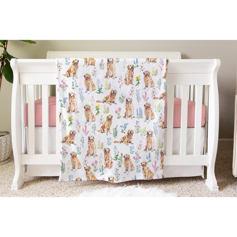 Golden Retriever Floral Neutral Newborn Nursery Baby Swaddle Receiving Blanket Soft Plush Lightweight White 40x50inch