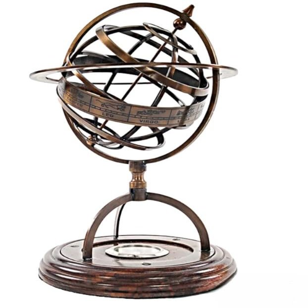 ANTIQUE AURA Brass Armillary Sphere 11" w/Compass & Wood Base Globe Table Top Nautical Decor.