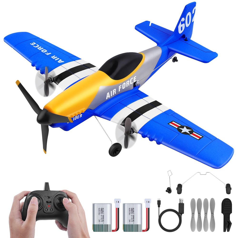 Beffkkip RC Plane 3-Channel 2.4GHZ RC Airplane, P51D Mustang Fighter with 2 Batteries, KF602 Remote Control Plane Gyroscopes Stabilization System Easy to Fly Suitable for Beginners, Kids, Adults