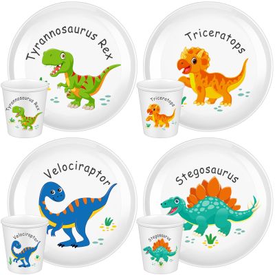 Yiyiring 4 Sets Dinosaur Fun Kids Plates with Cups Plates Dinnerware Set for Toddlers Creatively Drop Resistant Cute Plastic Dishes Dishwasher Safe
