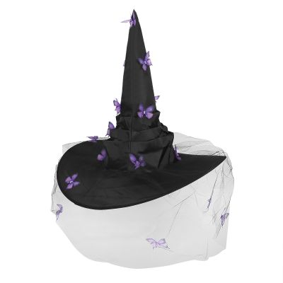 Halloween Women's Ruched Witch Hat with Butterflies Veils, Butterfly Wizard Hat Wizard Hat for Costume Cosplay Party (Purple)