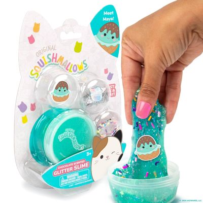 Original Squishmallows Glitter Slime, Mini Maya The Ice Cream Charm, Chocolate Scented, 3 Fun Add-Ins, Pre-Made Slime for Kids, Great 6 Year Old Toys