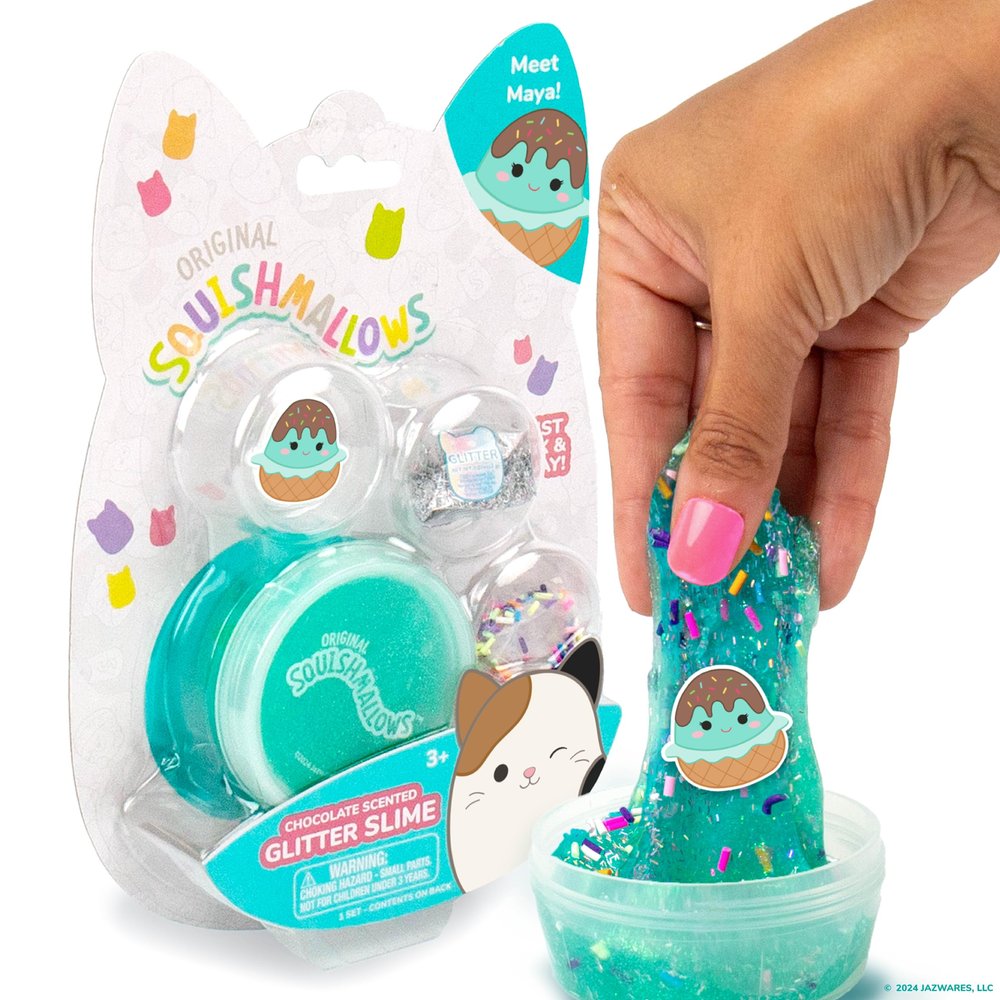 Original Squishmallows Glitter Slime, Mini Maya The Ice Cream Charm, Chocolate Scented, 3 Fun Add-Ins, Pre-Made Slime for Kids, Great 6 Year Old Toys