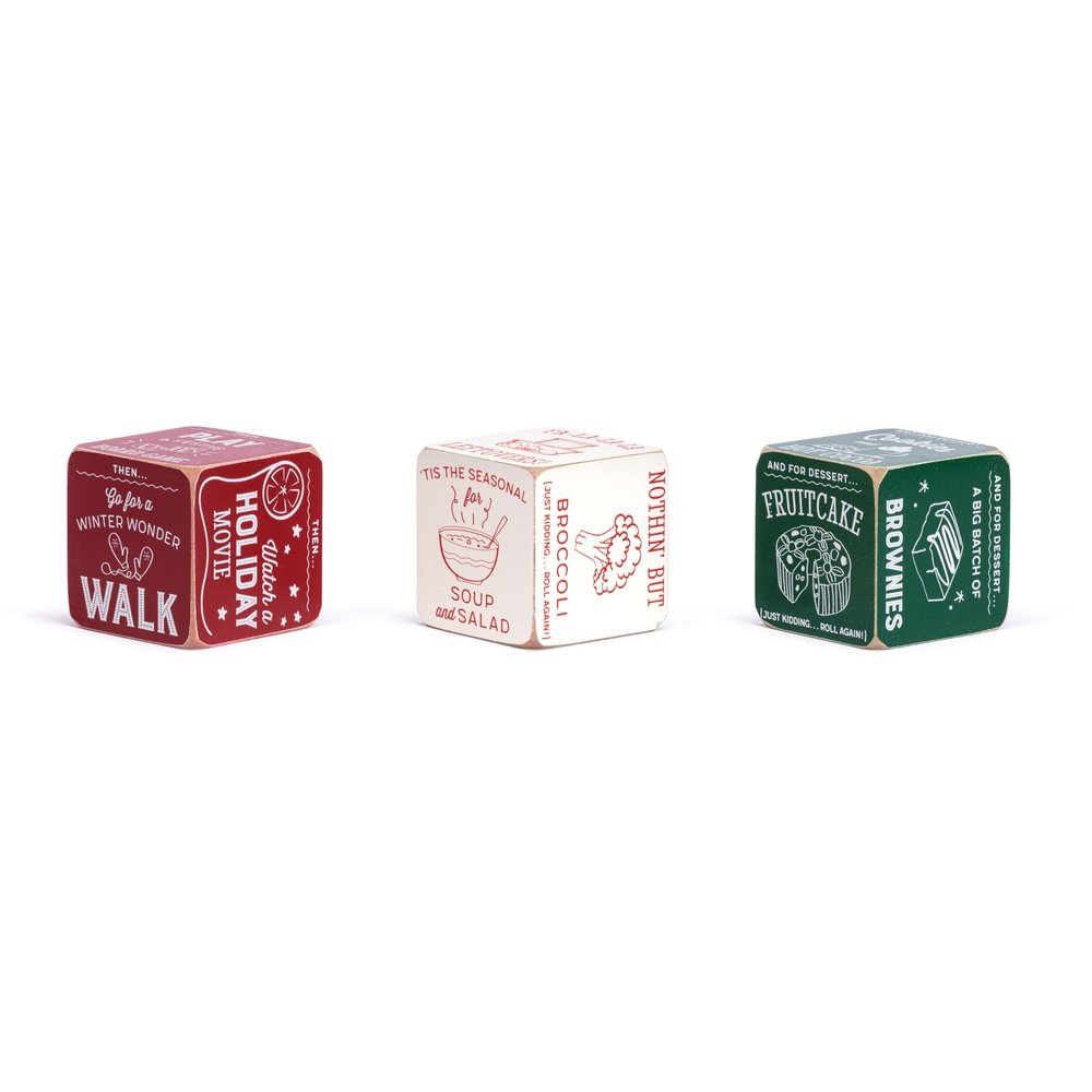 DEMDACO Holiday Games & Activities Red, Green, White 2.5 x 2.5 Inch Wood Christmas Party, Festive Fun for All, Dice Set Game 3 Piece Set, Present Exchange