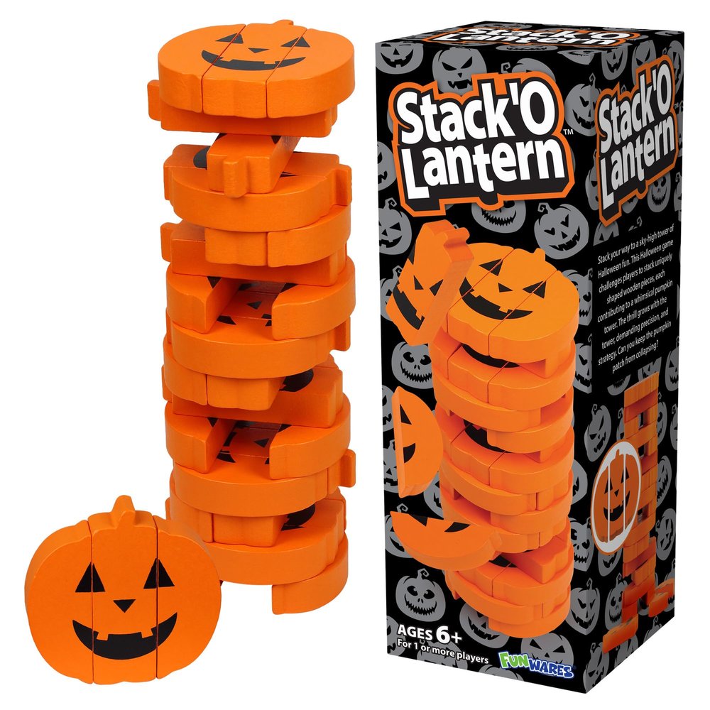 Funwares Stack 'O Lantern Pumpkin Stack-Up Wooden Blocks Stacking Game, Tumbling Tower, Family & Party Fun, Kids and Adults, Holiday Decoration, Ages 6+