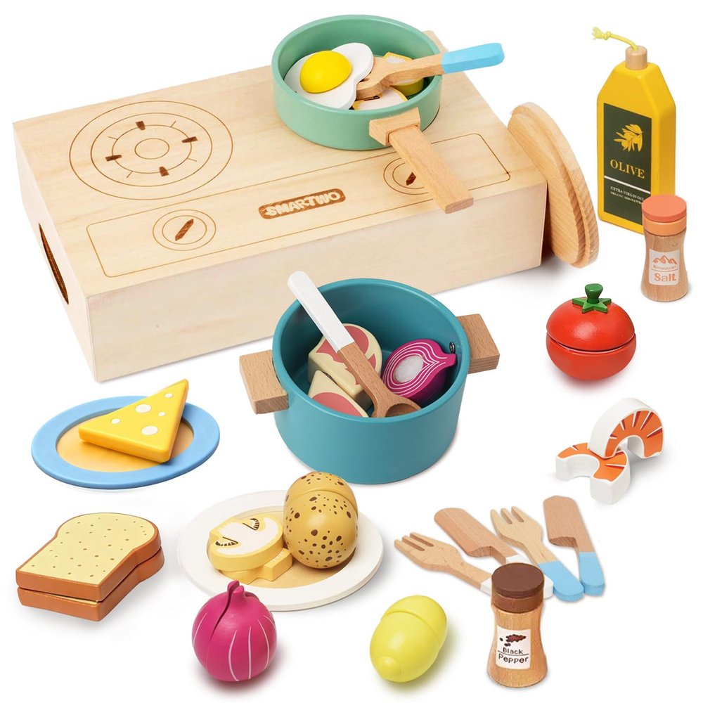Wooden Play Cooking Set,27pcs Pretend Play Food Toys Set for Kids Toddlers, Wooden Kitchen Accessories Toys Set ,Cooking Toys with Play Dishes,Pot and Pan,Utensils,Gifts for 3 4 5 Years Old Girls Boys