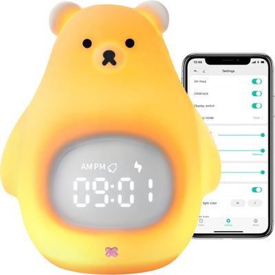 GANGULITO Smart Kids Alarm Clock Lamp App Control Toddler Sleep Trainer with Green Night Light All-in-one OK to Wake Rechargeable (Silicone White Teddy Bear)