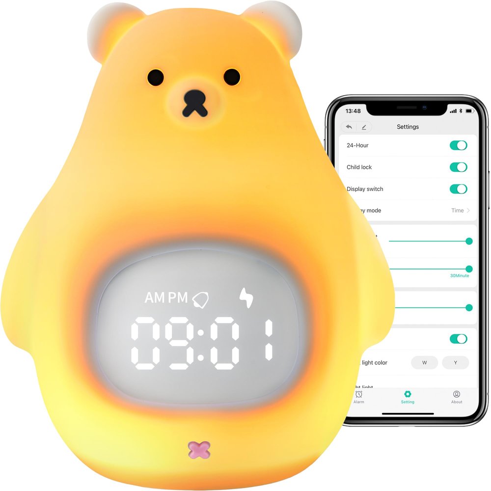 GANGULITO Smart Kids Alarm Clock Lamp App Control Toddler Sleep Trainer with Green Night Light All-in-one OK to Wake Rechargeable (Silicone White Teddy Bear)