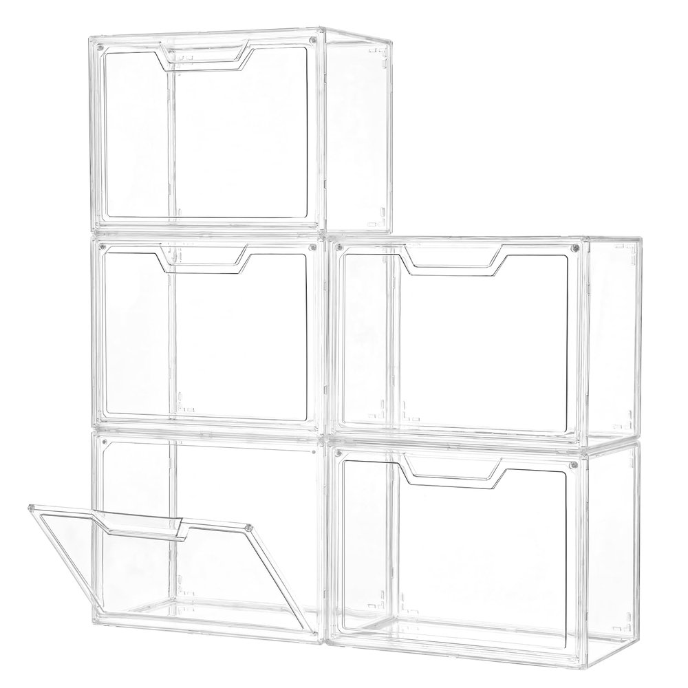 Freebat Stackable Storage Organizers Clear Acrylic Display Case, 5-Pack Acrylic Boxes with Lids, Clear Storage Containers Storage for Handbags, Collectibles & Figures
