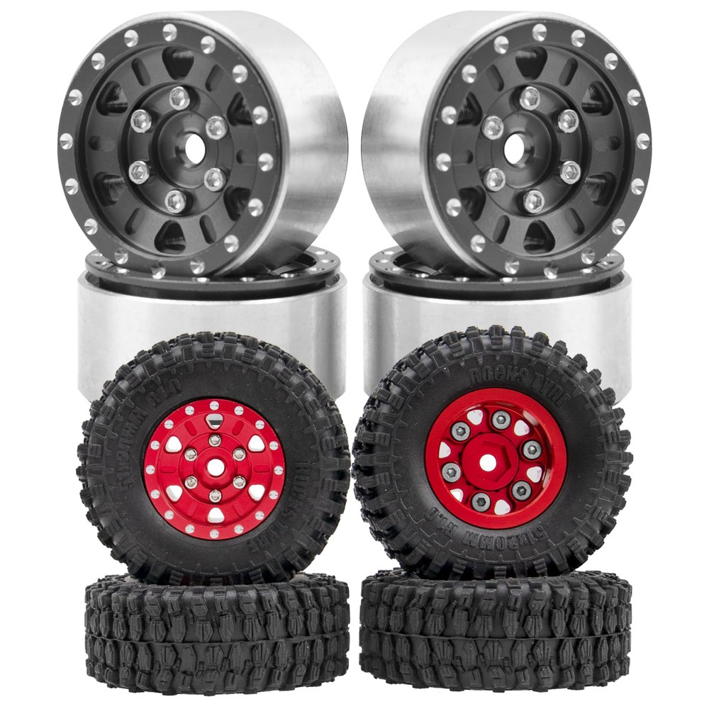 1.0" SCX24 Beadlock Wheels Rim 7mm Hex Wheel Rims & 1.0" SCX24 Beadlock Wheels 7mm Hex Wheel Rims & Rubber Crawler Tires Set