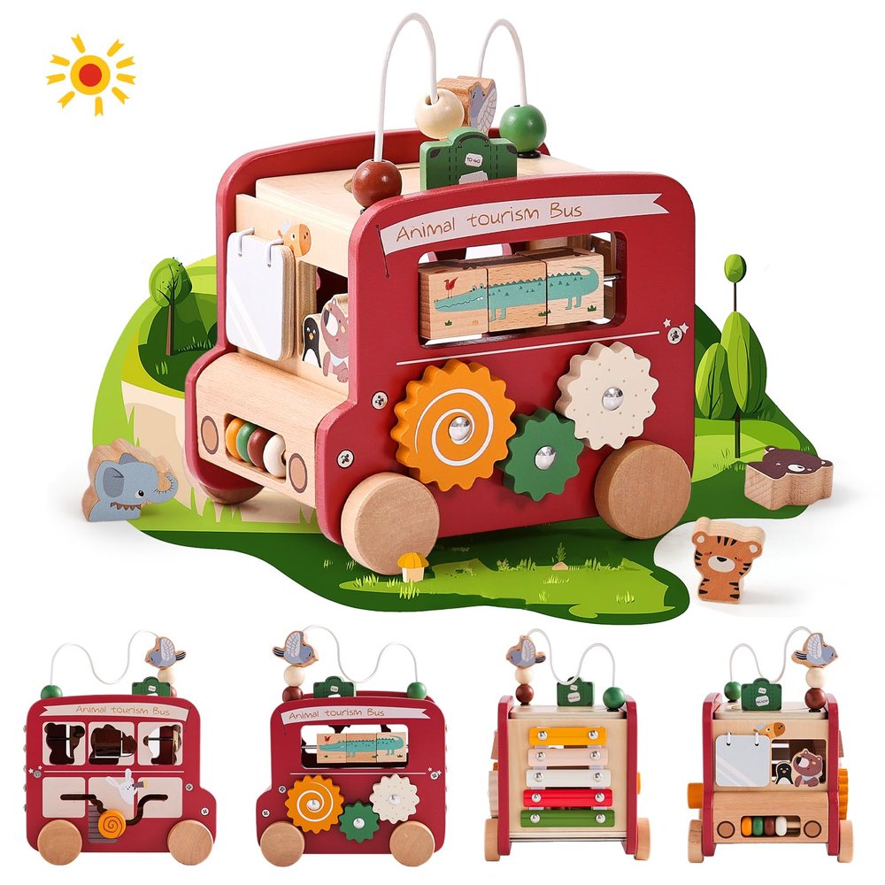 Etucdose Wooden Activity Cube 8-in-1 Montessori Toys | Multifunctional Early Educational Learning Toys | Wooden Toy for Baby Shape Sorter Xylophone Animal Travel Bus Boy Girl Birthday GiftRed Bus