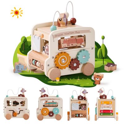 Etucdose Wooden Activity Cube 8-in-1 Montessori Toys | Multifunctional Early Educational Learning Toys | Wooden Toy for Baby Shape Sorter Xylophone Animal Travel Bus Boy Girl Birthday GiftBeige Bus