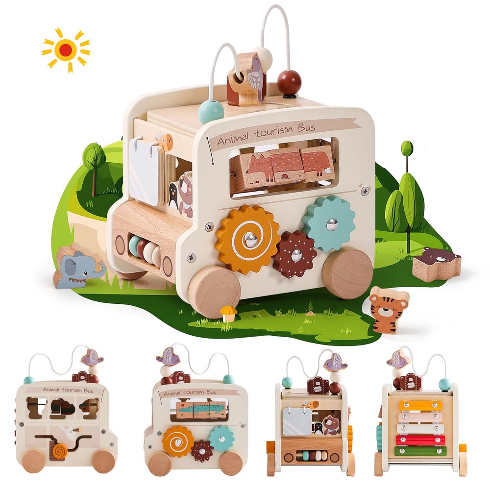 Etucdose Wooden Activity Cube 8-in-1 Montessori Toys | Multifunctional Early Educational Learning Toys | Wooden Toy for Baby Shape Sorter Xylophone Animal Travel Bus Boy Girl Birthday GiftBeige Bus