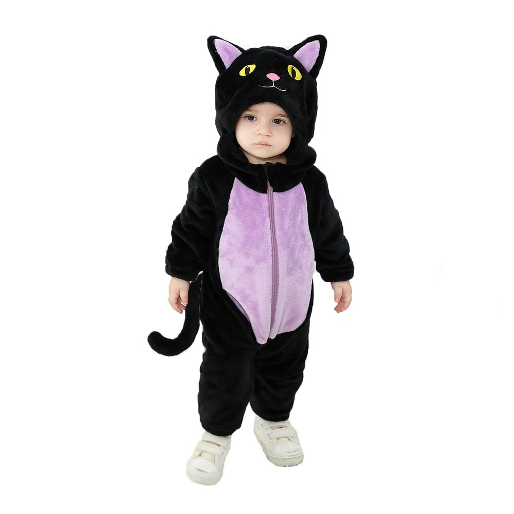 Eadrioss Black Cat Costume for Toddler Baby Girl Boy Halloween Costumes Fuzzy Warm Fall Winter Clothes Halloween Cats Outfit (Black Purple, 12-18 Months)