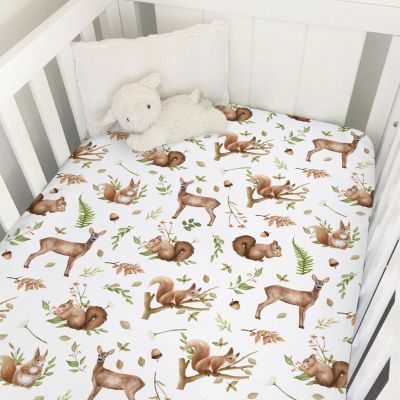 Baby Animals Crib Sheets 52''x28'' Squirrels Deer Fall Leaves Stretchy Fitted Crib Mattress Cover for Boy Girl Baby Animals Forest Soft Bed Sheets for for Standard Crib and Toddler Mattress