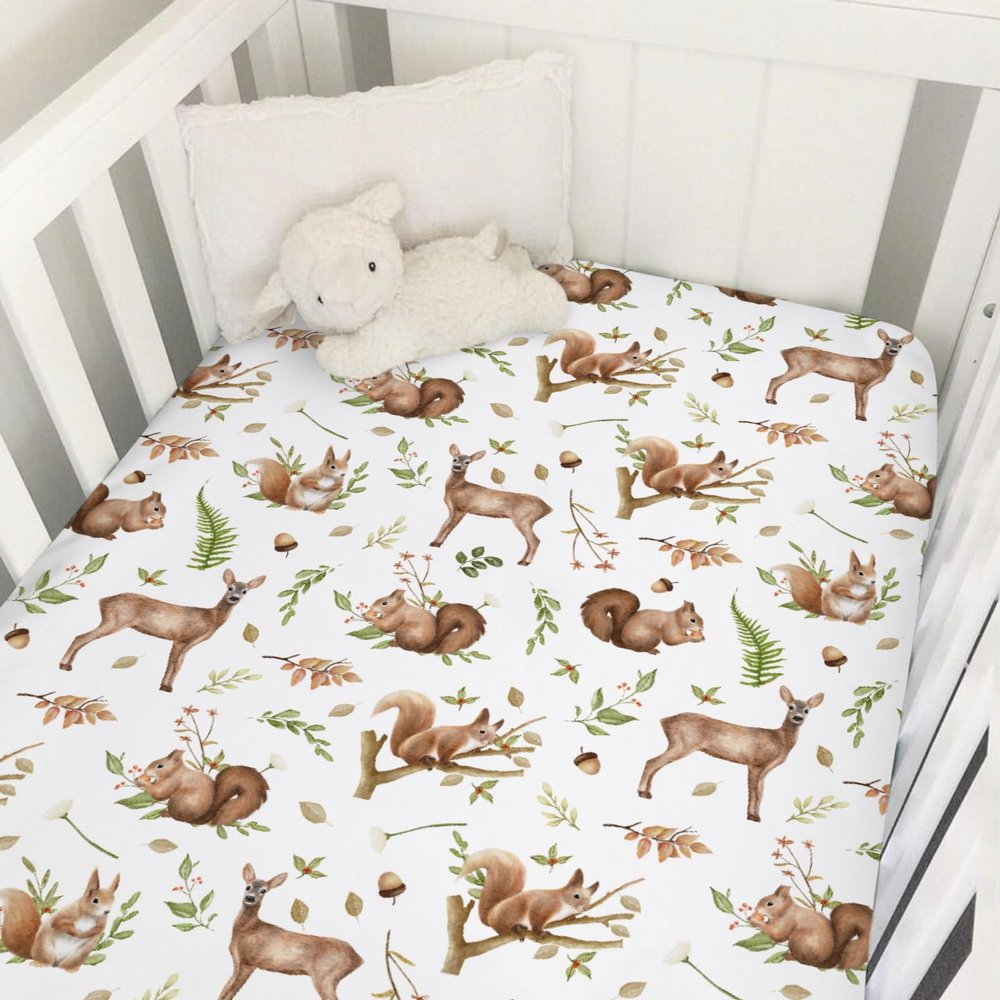 Baby Animals Crib Sheets 52''x28'' Squirrels Deer Fall Leaves Stretchy Fitted Crib Mattress Cover for Boy Girl Baby Animals Forest Soft Bed Sheets for for Standard Crib and Toddler Mattress