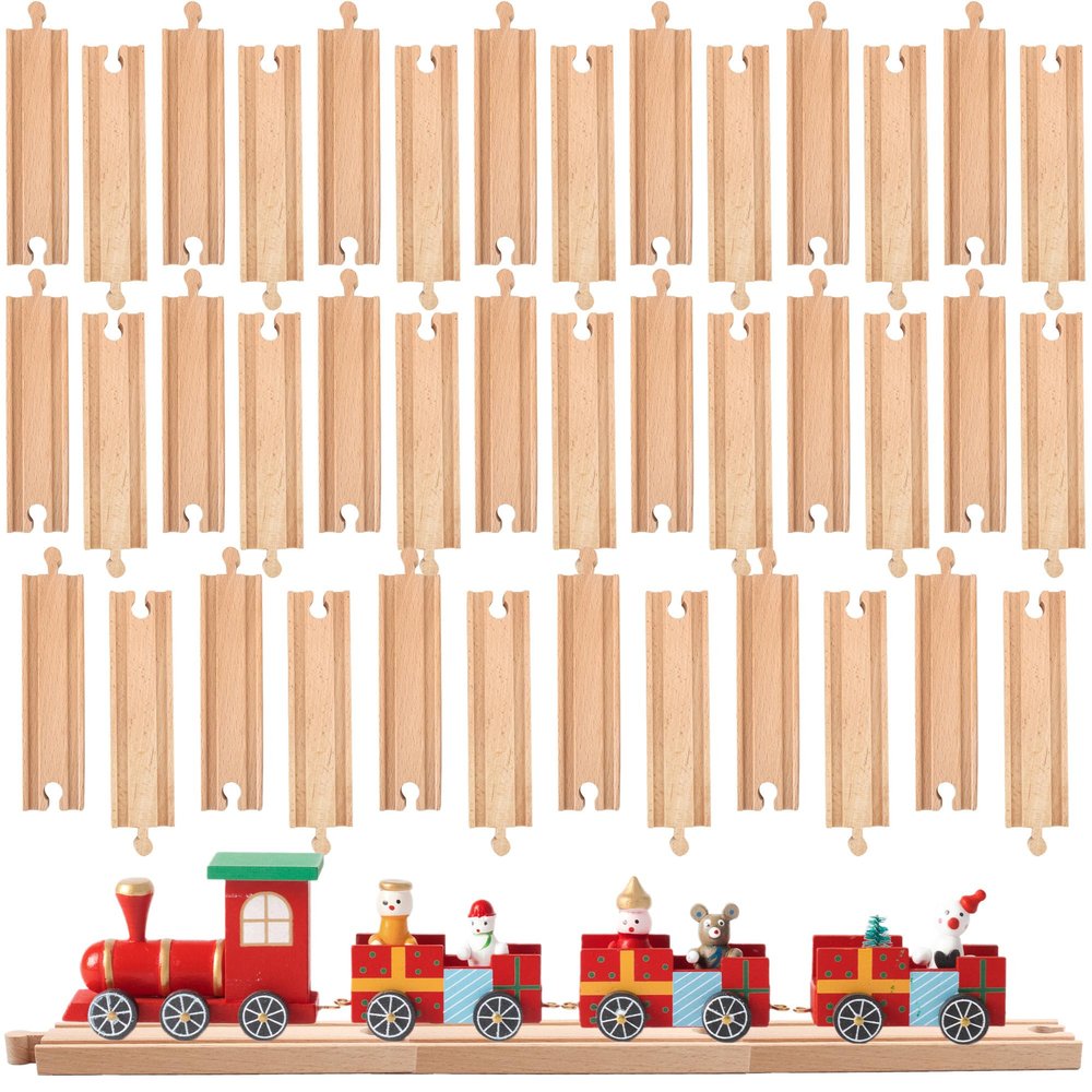 Kugliwa 40 Pack Straight Train Track Wood Railway Train Track Bulk Wooden Train Track Expansion Compatible with Most Train Tracks, As Shown in the Pictures