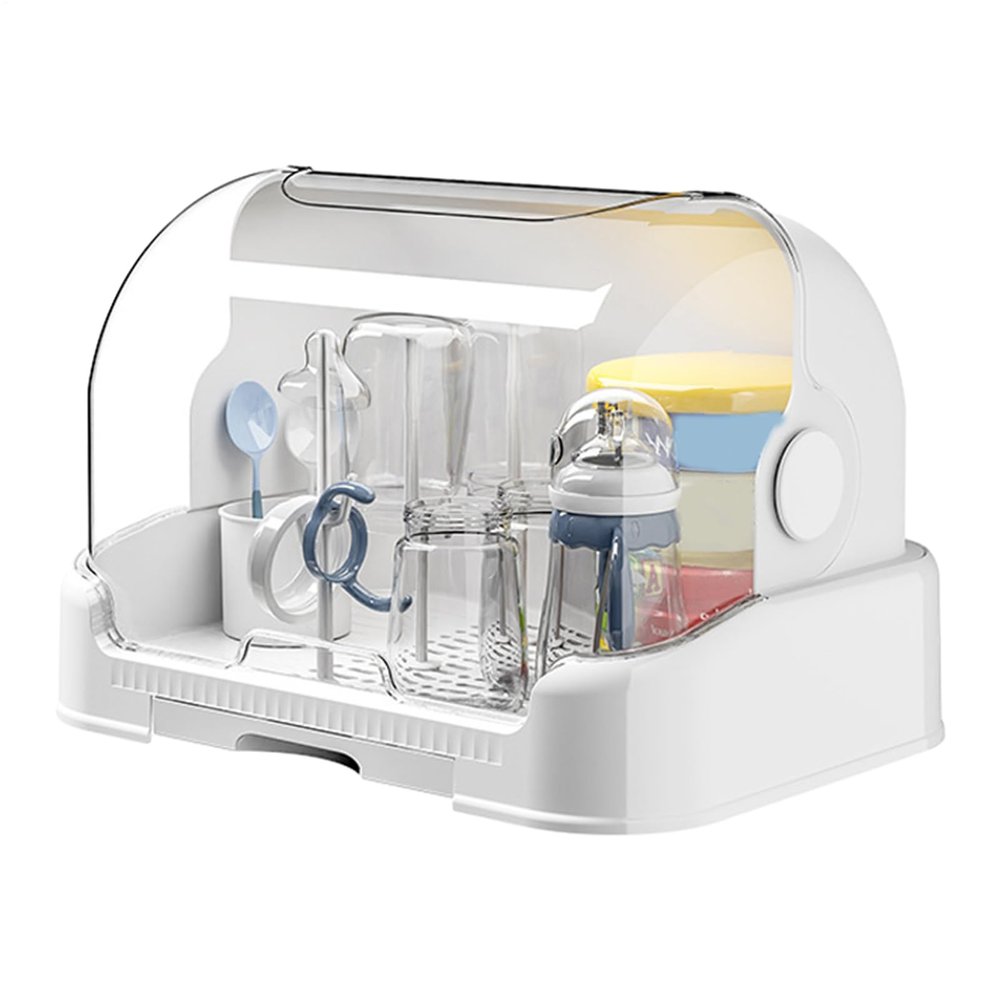 Biniveil Baby Bottle Drying Rack, Dustproof Baby Bottle Storage with Lid & Removable Drain Tray, Baby Bottle Organizer, Baby Bottle Dryer Holder, Reusable Bottle Rack Holder for Baby, White
