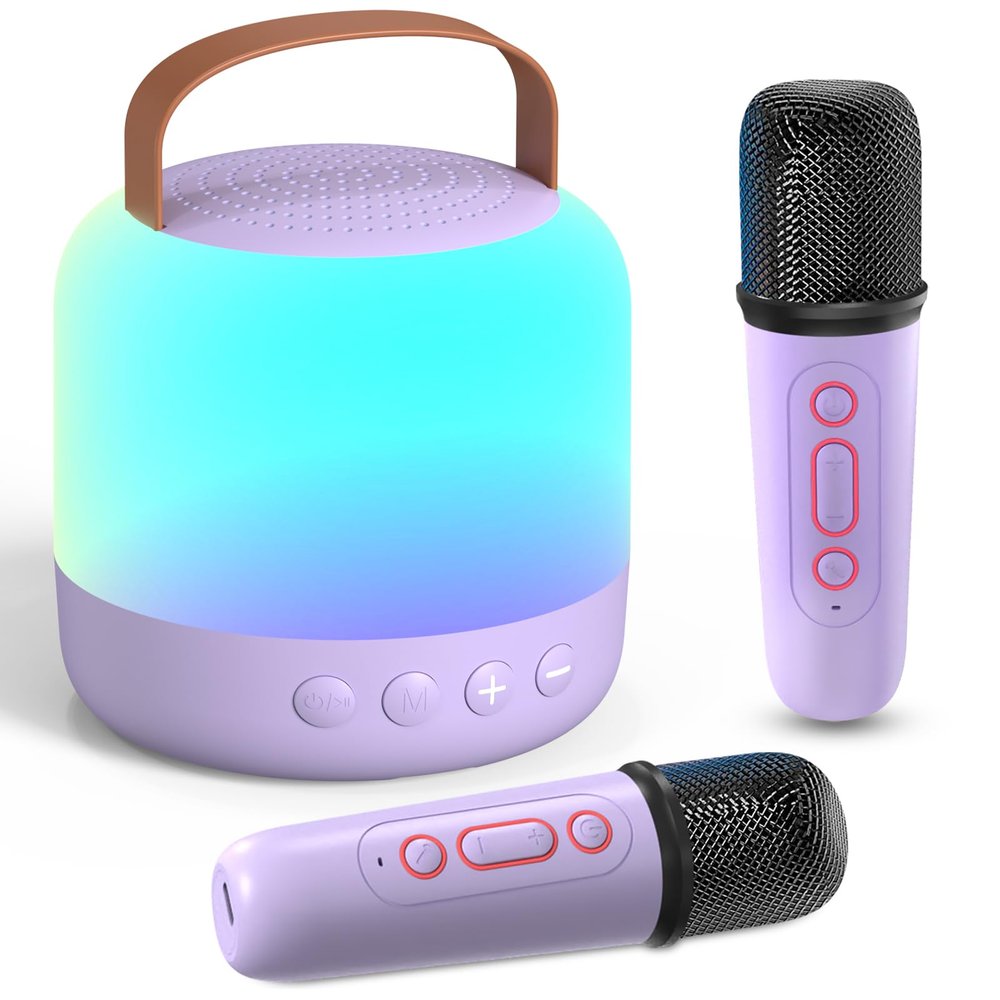 Karaoke Machine for Kids, Mini Portable Bluetooth Karaoke Speaker with 2 Wireless Microphone & LED Lights, Christmas Birthday Toy Gift for Girls Boys Ages 4, 5, 6, 7, 8, 9, 10, 12+ Years Old, Purple