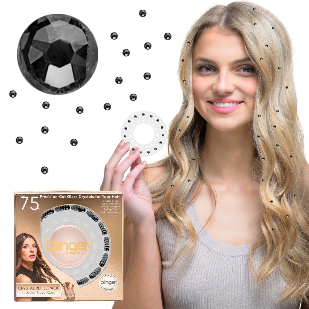 blinger Shimmer Crystal Refill Pack as seen on Shark Tank | 5 Discs 75 Precision-Cut Glass Crystals | Hair-Safe Accessories | Styling Tool Not Included| Black Diamond 4 mm