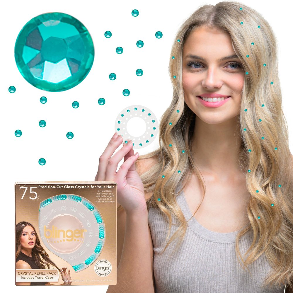blinger Shimmer Crystal Refill Pack as seen on Shark Tank | 5 Discs 75 Precision-Cut Glass Crystals | Hair-Safe Accessories | Styling Tool Not Included| Light Turquoise 4 mm