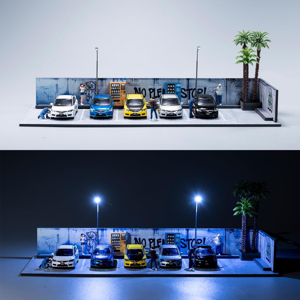 1/64 Diorama,Display Case for Hot Wheels,Hotwheels Storage Car Park with LED Lights,1/64 Model Car Display Case for 5 Parking Spaces.