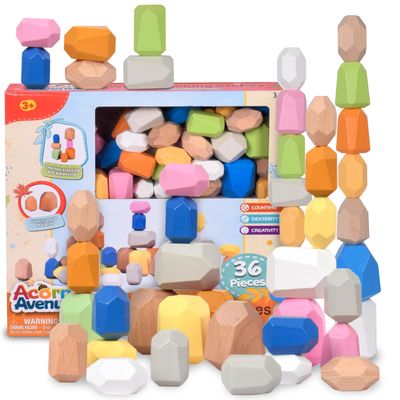 36 PCS Wooden Bright Earth Color Sorting Stacking Rocks Stones,Sensory Toddler Toys Learning Montessori Toys, Building Blocks Game for Kids 3+, Boy and Girl Birthday Gifts for Kids