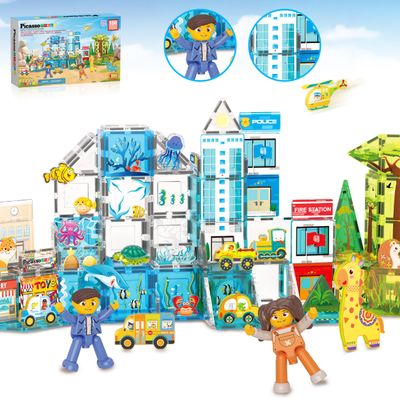 PicassoTiles Magnet Tiles Building Blocks 3-in-1 Aquarium Safari Animal & Metro Theme Playset with 24 Character Action Figures Magnetic STEM Learning Toys Construction Set Toddler kids Ages 3+ PTQ1245