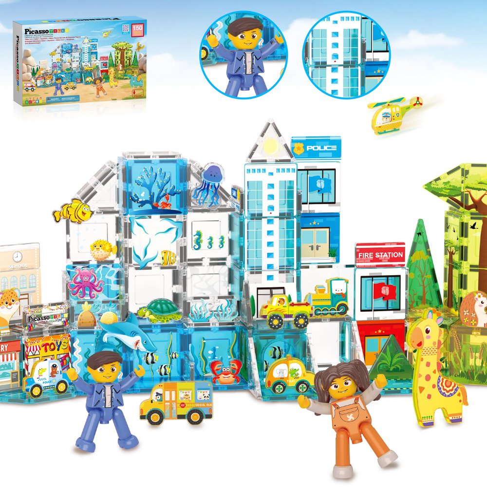 PicassoTiles Magnet Tiles Building Blocks 3-in-1 Aquarium Safari Animal & Metro Theme Playset with 24 Character Action Figures Magnetic STEM Learning Toys Construction Set Toddler kids Ages 3+ PTQ1245