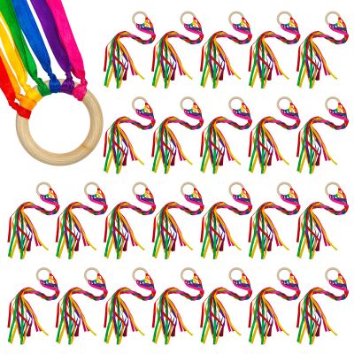 24Pcs Rainbow Ribbon Streamers Waldorf Toys Creative Waldorf Hand Kite Set Streamers with Wood Ring Sensory Learning Educational Toy for Playroom Dancing Birthday (Rainbow Colors)