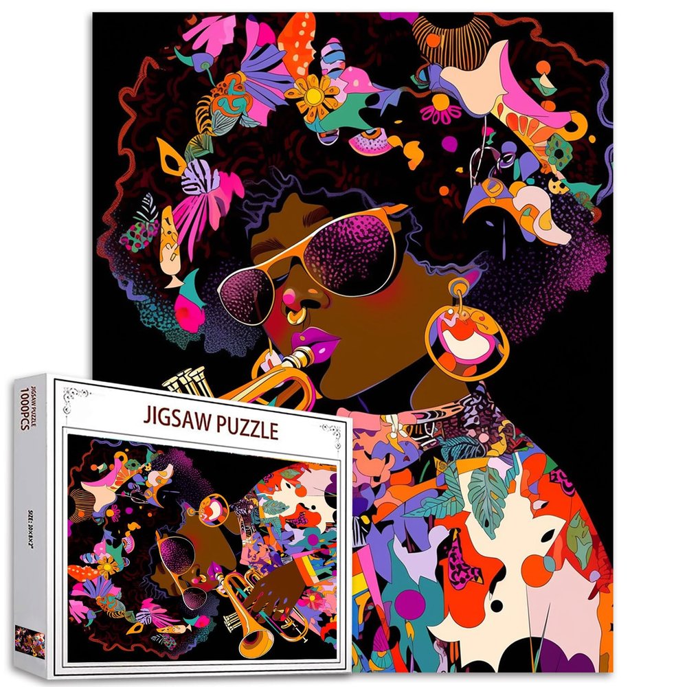 1000 Piece Jigsaw Puzzles for Adults America Africa Woman Painting Jigsaw Puzzle Black Girl 1000 Pieces Puzzles Game Boho Rock Music Singer Wall Decor DIY Craft Puzzle Female Wearing Sunglass Art
