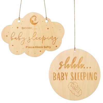 2pcs Baby Sleeping Sign, Different Shape Baby Sleeping Door Sign with Hemp Rope Wooden Do Not Ring Doorbell Sign Baby Sleeping Hanging Sign for Front Door Nursery Bedroom Baby Room