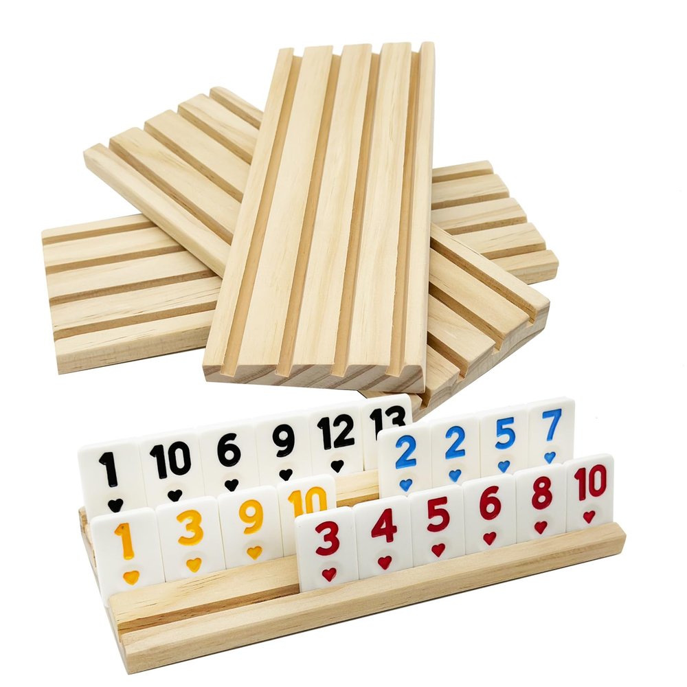 DOLLERGO 4 Wooden Rummy Replacement Racks/Trays for Rummikub Game, Rummy Cube Game Holders Only, 4 Wooden Racks for Okey Board Game