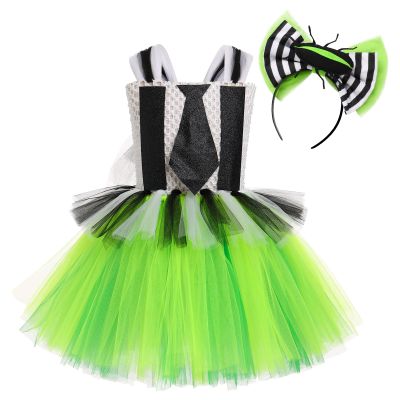 ABEHIK 2PCS Kids Girl Black White Striped Ruffle Tulle Tutu Dress with Headband Toddler Spaghetti Straps Birthday Party Outfit Festival Suit Green 6-7 Years