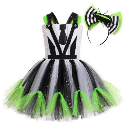 ABEHIK 2PCS Kids Girl Black White Striped Ruffle Tulle Tutu Dress with Headband Toddler Spaghetti Straps Birthday Party Outfit Festival Suit Black 6-7 Years