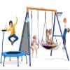 5-in-1 Kids Swing Sets for Backyard with Trampoline, 880lbs Heavy-Duty A-Frame Stand Metal Outdoor with 32 inch Saucer & Belt Swing, 55 inch Trampoline, Basketball Hoop, Led Light & Anchors view 1