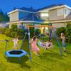 5-in-1 Kids Swing Sets for Backyard with Trampoline, 880lbs Heavy-Duty A-Frame Stand Metal Outdoor with 32 inch Saucer & Belt Swing, 55 inch Trampoline, Basketball Hoop, Led Light & Anchors view 3