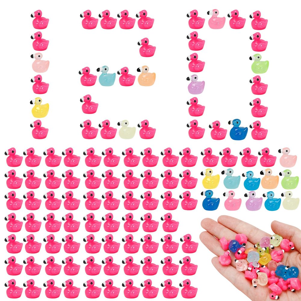 Zasukol 120pcs Mini Flamingo Resin Ducks - 100 Rose Red, 20 Luminous Ornaments, Tiny Pink Bird Figurines for Garden, Dollhouse, DIY Craft, Cake Decorations (0.6 in)