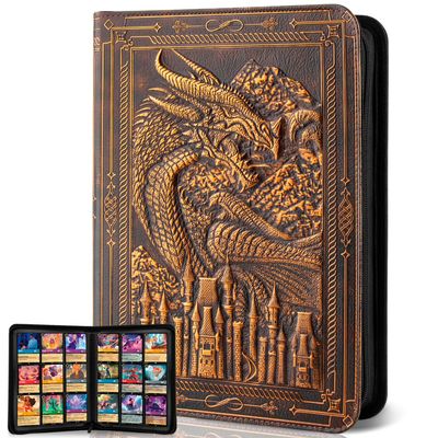LongLongJin Premium Trading Card Binder - 9 Pocket Card Folder for Lorcana,Pokmon,Dragon Shield,MTG,TCG,Sports Cards,Unique Embossed Dragon Design,360 Side Loading Pockets for Safe StorageRed Copper)