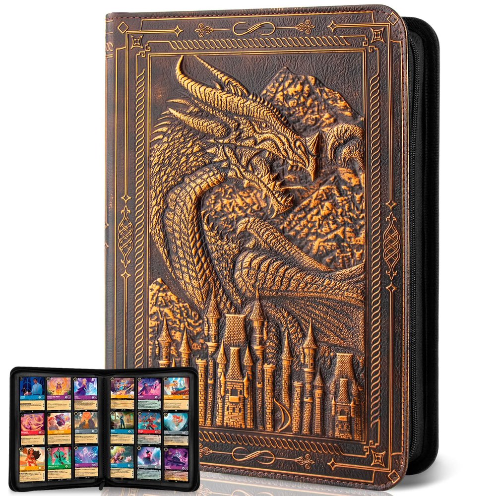 LongLongJin Premium Trading Card Binder - 9 Pocket Card Folder for Lorcana,Pokmon,Dragon Shield,MTG,TCG,Sports Cards,Unique Embossed Dragon Design,360 Side Loading Pockets for Safe StorageRed Copper)