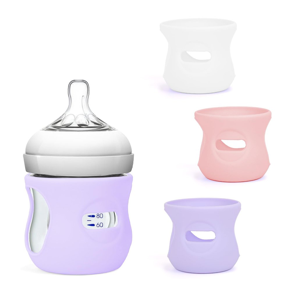 AUDRWALL Silicone Sleeves for Avent Natural Glass Baby Bottles, BPA Free, Anti Breakage Baby Bottle Holder (Purple + White + Pink, 4 Ounce)