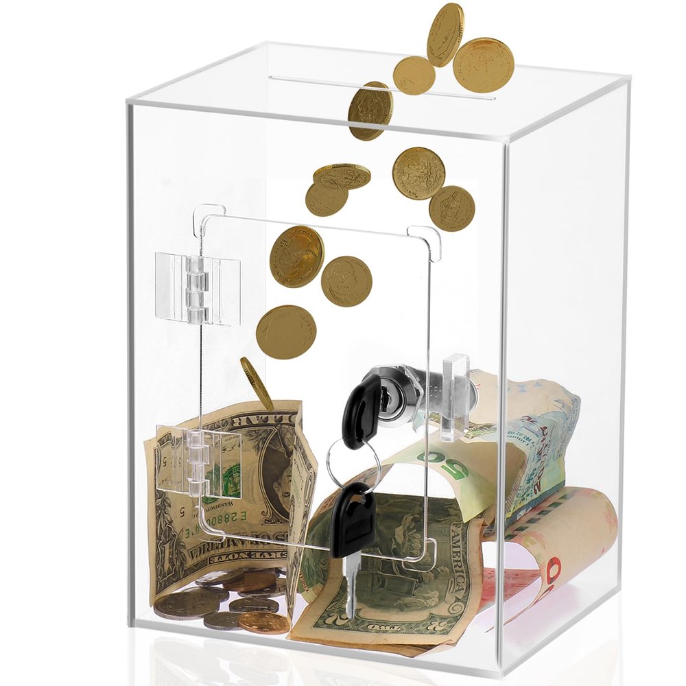 Fzaqwen Clear Piggy Bank for Adults - Transparent Acrylic Money Box with Key and Lock Openable Large Acrylic Savings Jar for Real Money Cash and Coin Reusable Containers