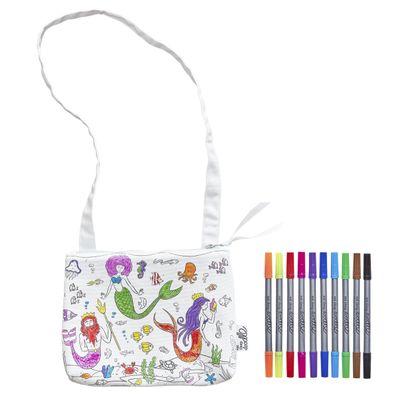eatsleepdoodle DIY Coloring Mermaid Crossbody Bag for Kids with Washable Markers, Reusable Colorable Bag for Girls & Boys, Creative Arts & Crafts Activity, Fun Gift for Travel, School