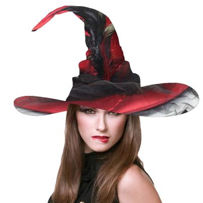 RWYBEIW Halloween Witch Hat for Women Spiders Feather Witch Wizard Hat Halloween Costume Cosplay Party Dress Up Props (B# Red, One Size)