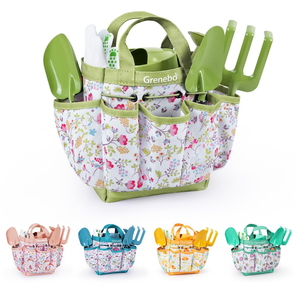 Kids Gardening Set Toys, Quality Garden Tool Kit for Kids and Toddlers, Includes Two Shovels, Garden hat,Rake, Apron,Gloves, Watering Can, and Tool Bag (Green)