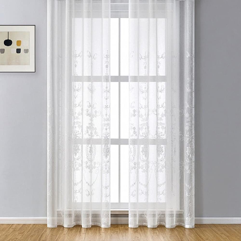 HooHero White High Grade European Embroidered Living Kids Room 50 Width Sheer Curtains Window Treatments Rod Pockets