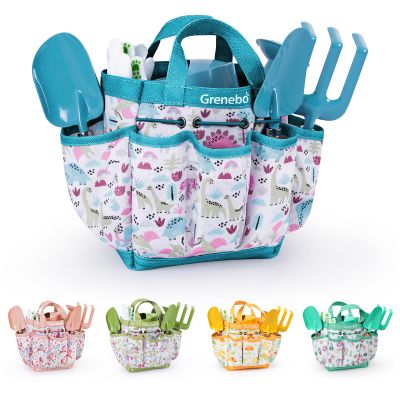 Grenebo Kids Gardening Set Toys, Quality Garden Tool Kit for Kids and Toddlers, Includes Two Shovels, Garden hat,Rake, Apron,Gloves, Watering Can, and Tool Bag (Blue)